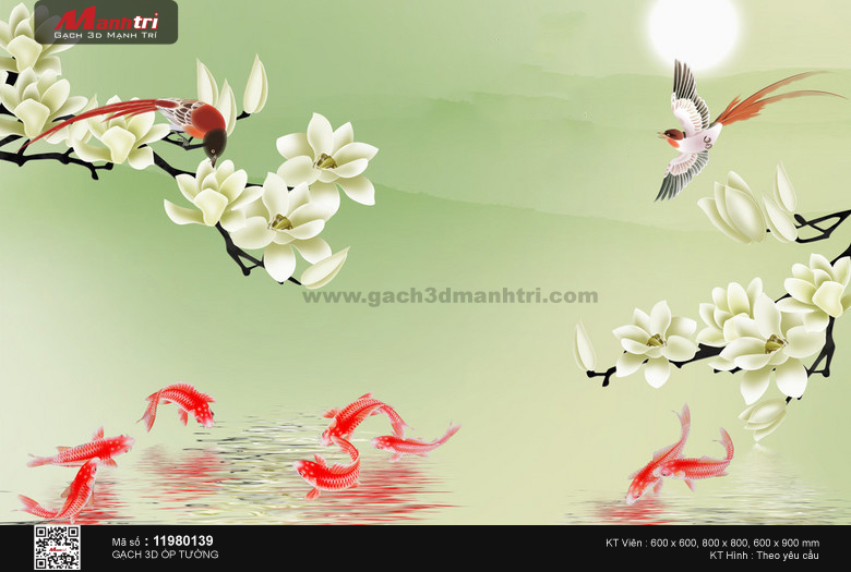 Đôi chim bên hoa mộc lan trắng và cá chép