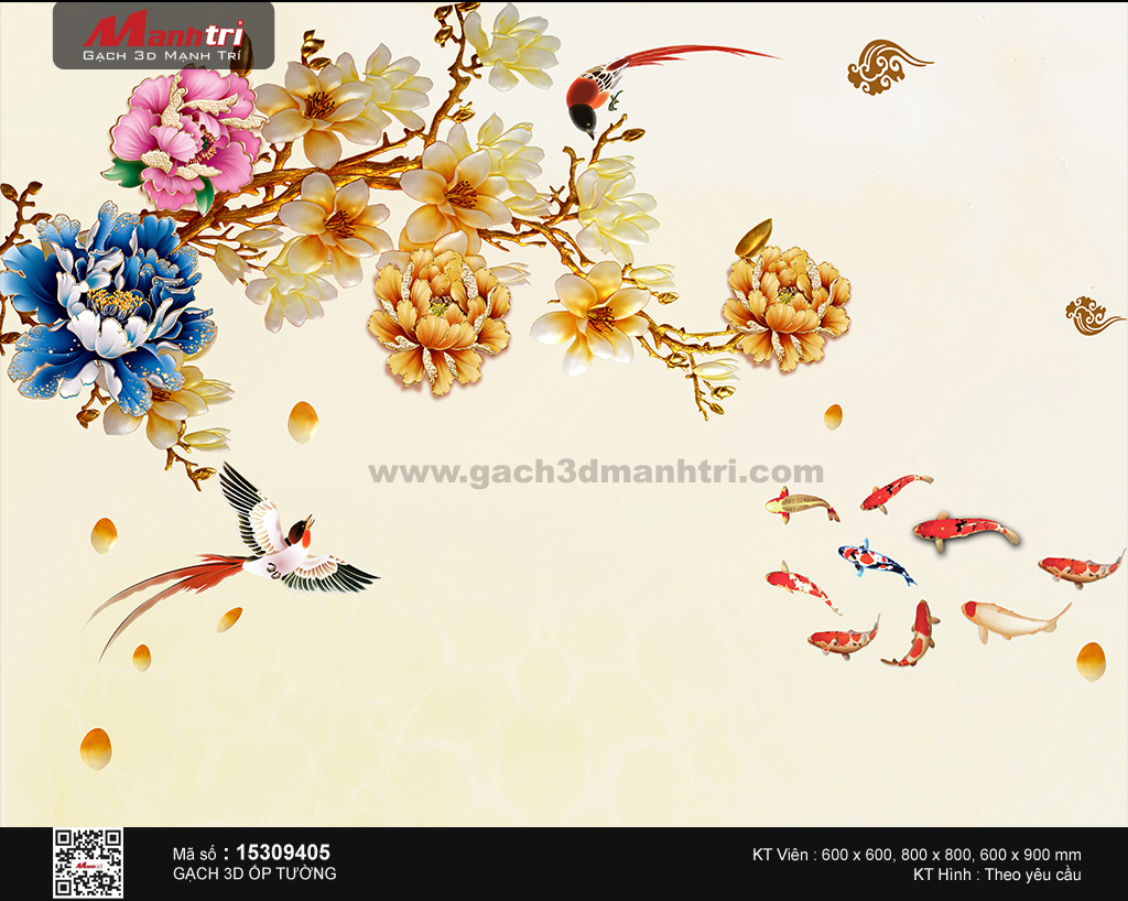 Hoa mẫu đơn và hoa mộc lan khoe sắc bên đôi chim và đàn cá