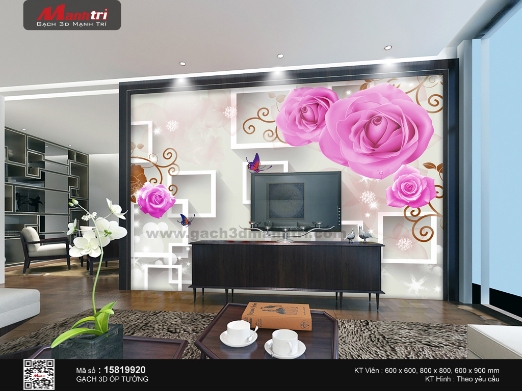 Phòng khách dịu dàng với gạch 3D hoa hồng