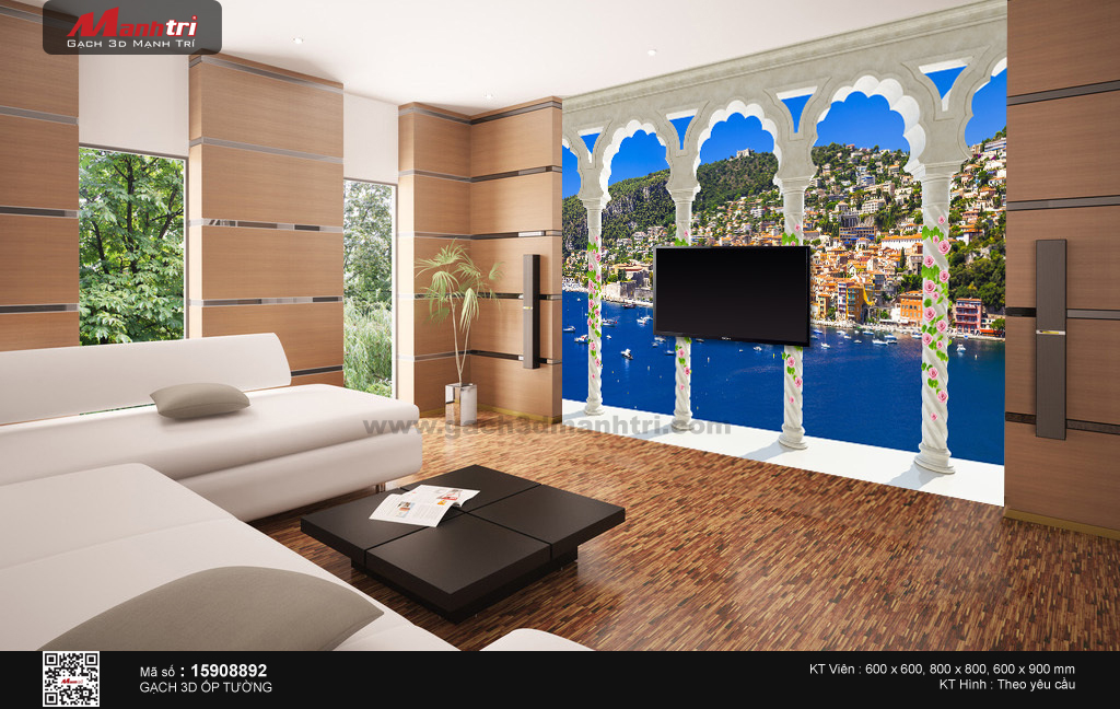 Phòng khách thoáng đãng với gạch 3D phối cảnh nội ngoại thất